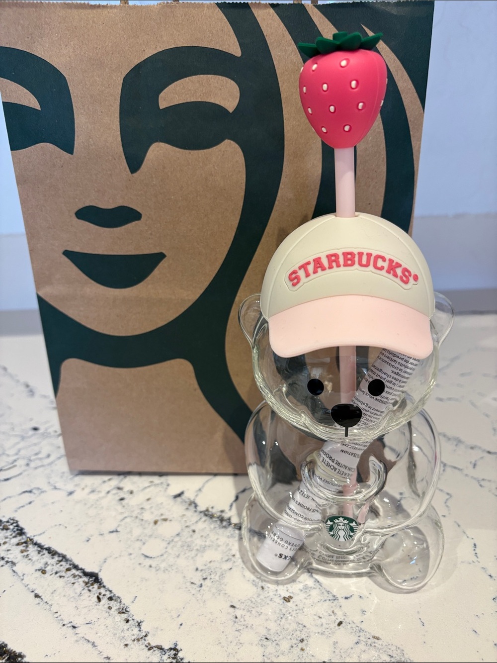 Starbucks Pink Bear Sipper Bottle with Strawberry Straw Top